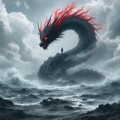 Primary subject: A large, red, and black dragon with a human figure on its back.

Setting/background: The dragon is in the ocean, surrounded by water.

Visual style: The image is a digital art or illustration.

Colors and mood: The dragon has a red and black color scheme, and the overall atmosphere is dark and mysterious.